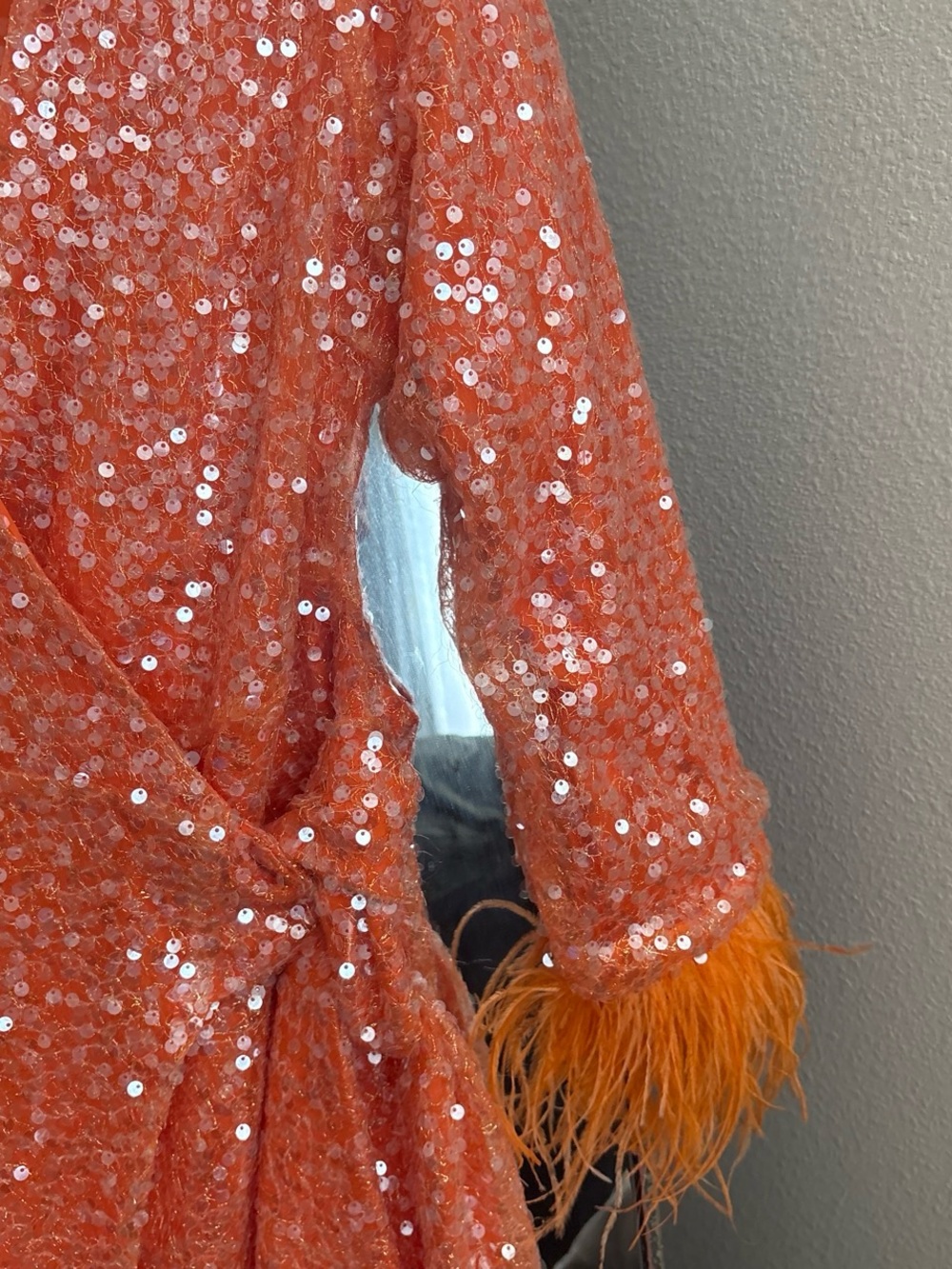 AMYLYN Orange Sequin Wrap Jacket with Feather Cuffs - Picture 3 of 6